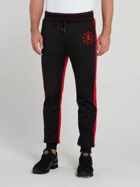 Phillip Plein Homme Black Red Skull Embroidered Jogger Pants, Size M